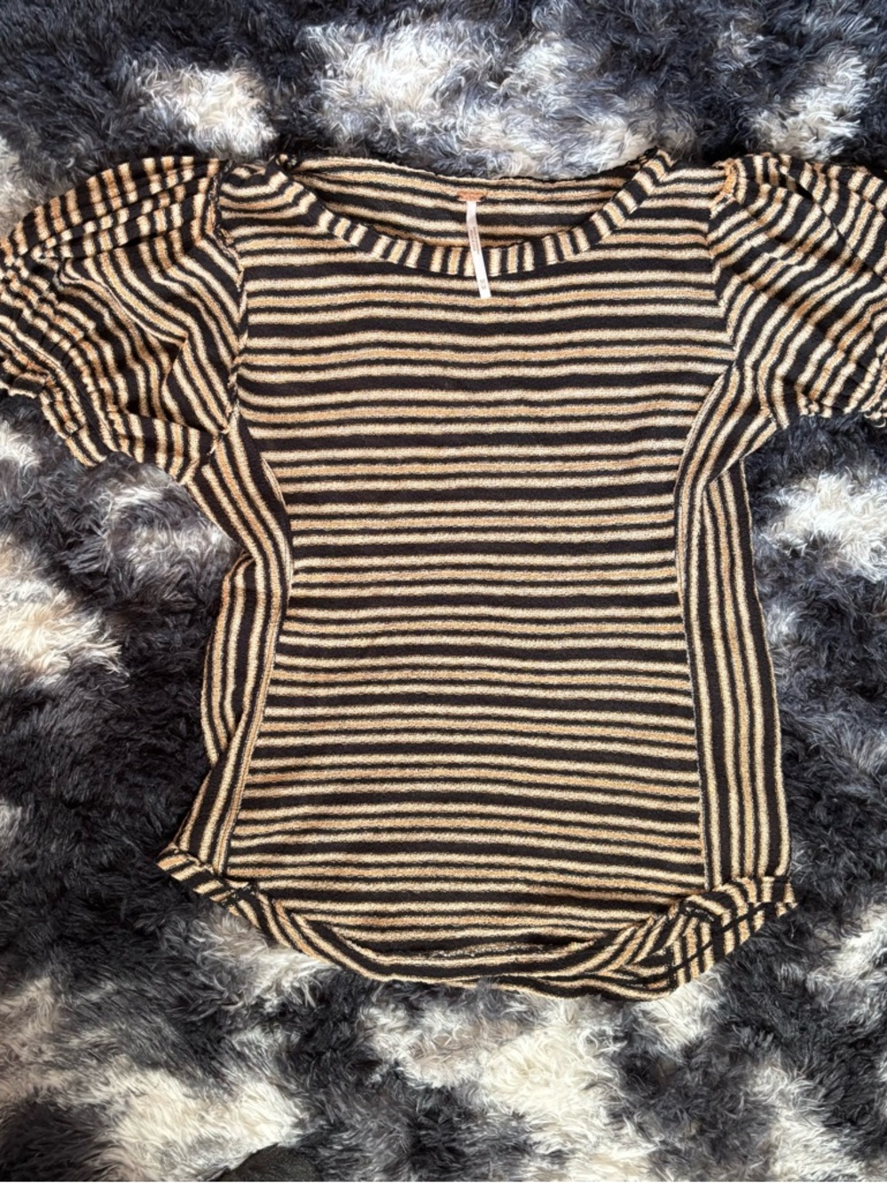 Free People Striped Puff-Sleeve Top - Black & Cream Stretchy